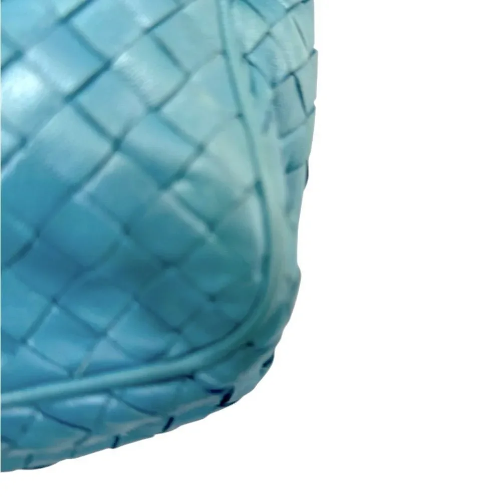 Auth Bottega Veneta Metallic Blue Intreciatto Camera Crossbody Shoulder Bag